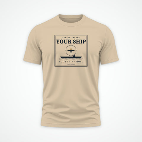 Custom ship tee in Sand: your ship, its hull number and your sailor's name, drawn for you (example layout)