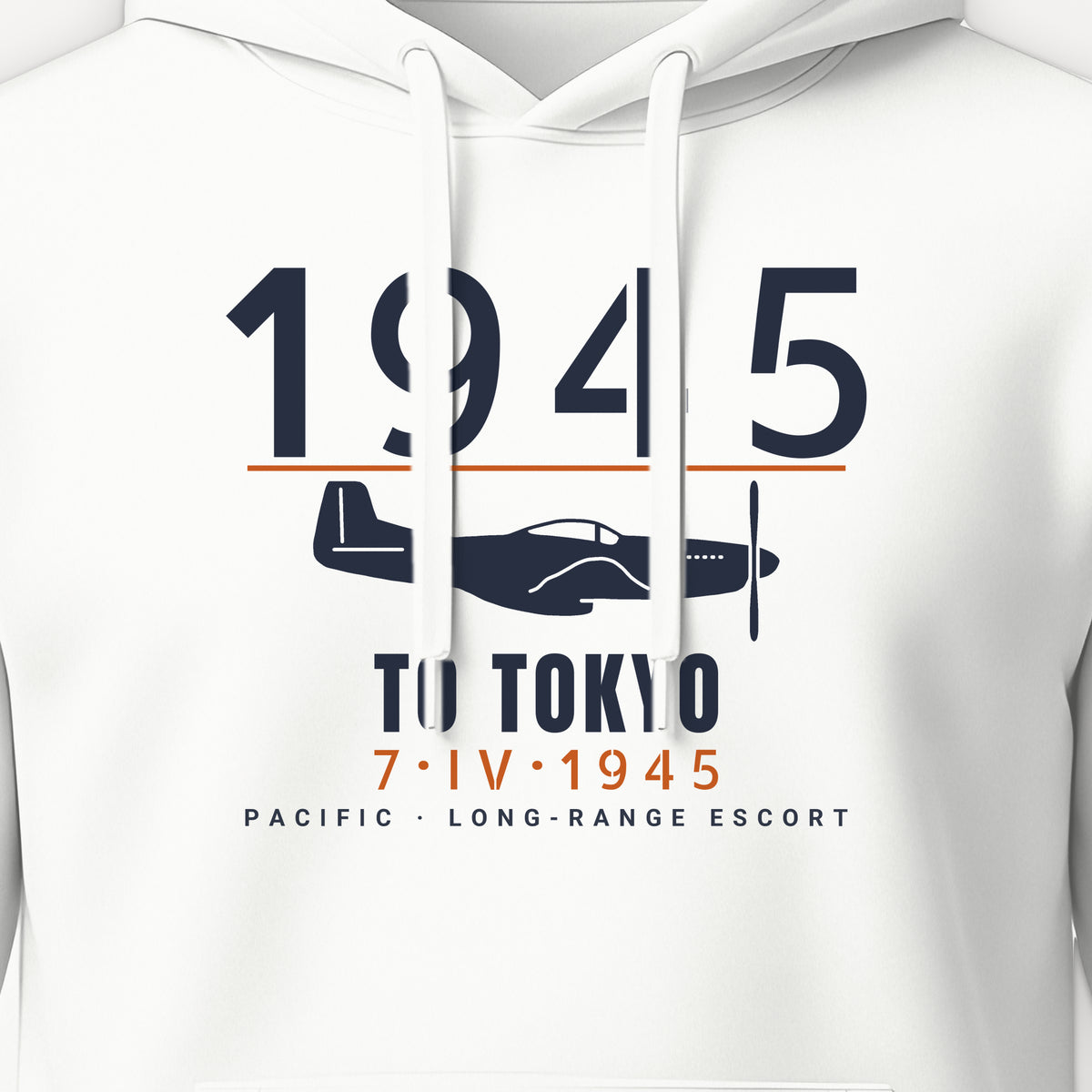 To Tokyo 1945 Escort Fighter Hoodie, front print detail: our side-view drawing of a P-51D, no markings