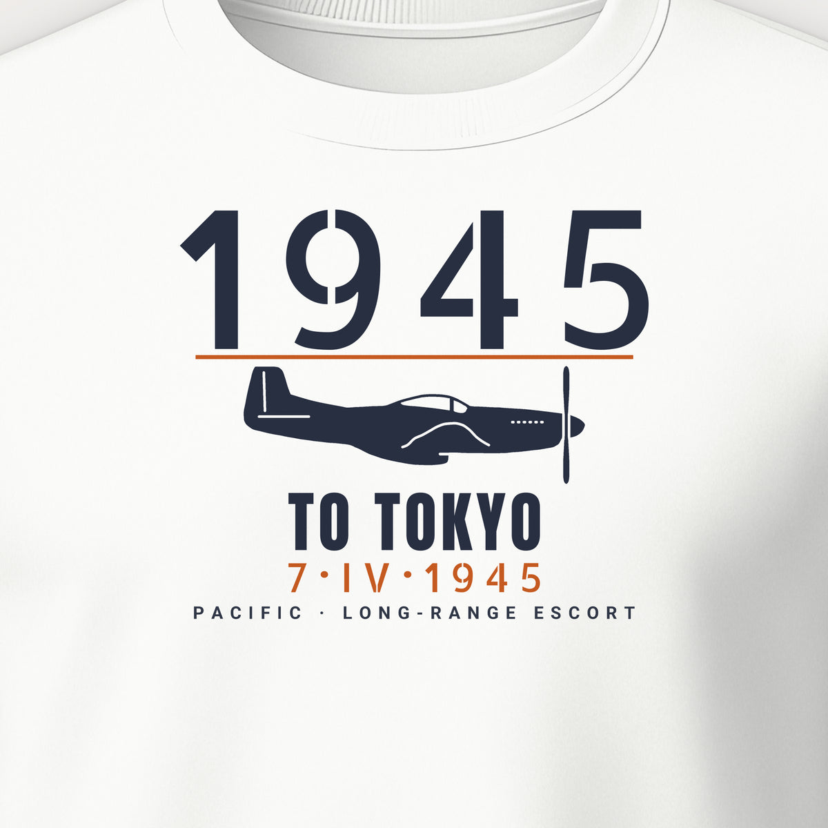 To Tokyo 1945 Escort Fighter Crewneck Sweatshirt, front print detail: our side-view drawing of a P-51D, no markings