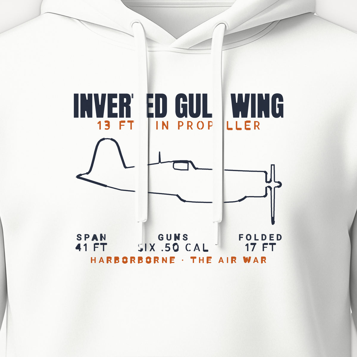 Inverted Gull-Wing Fighter Blueprint Hoodie, front print detail: our side-view outline of an F4U-1D, no markings