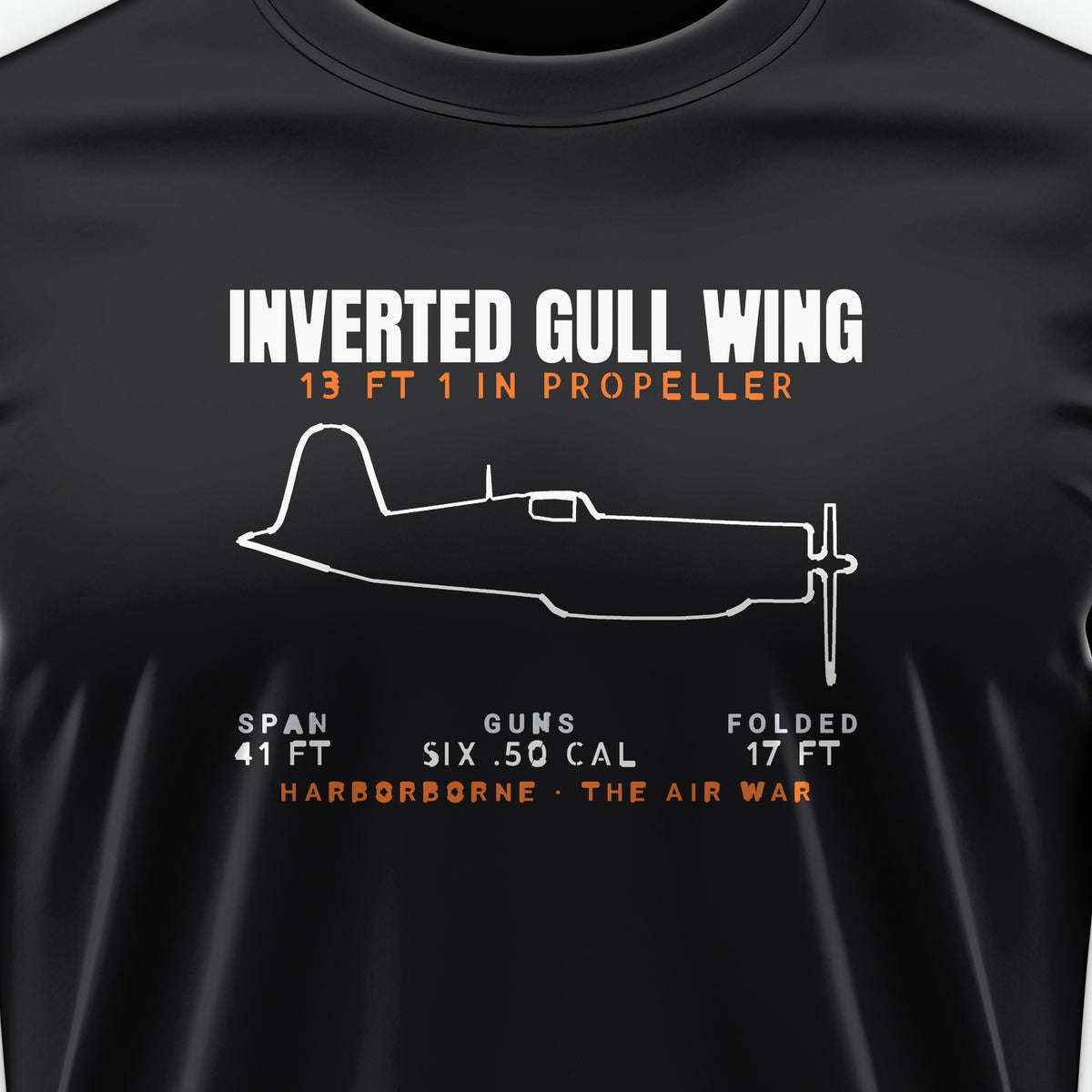 Inverted Gull-Wing Fighter Blueprint Tee, front print detail: our side-view outline of an F4U-1D, no markings