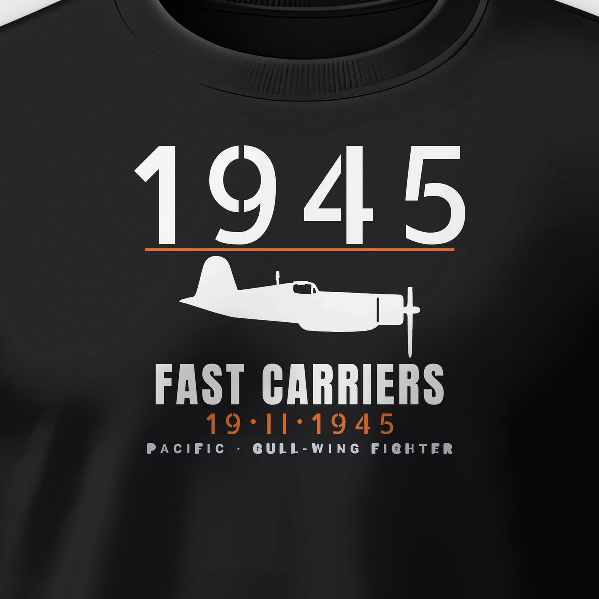 Fast Carriers 1945 Gull-Wing Fighter Crewneck Sweatshirt, front print detail: our side-view drawing of an F4U-1D, no markings