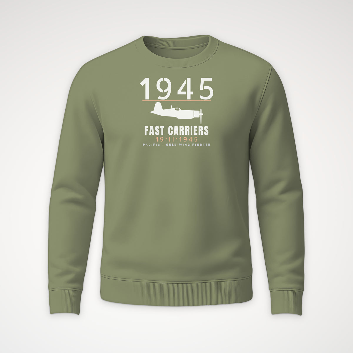 Fast Carriers 1945 Gull-Wing Fighter Crewneck Sweatshirt in Military Green
