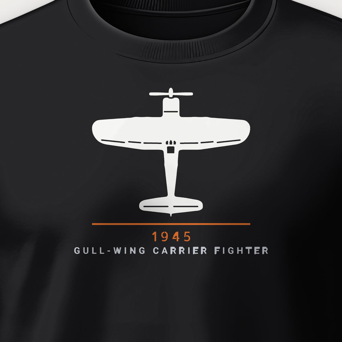 Gull-Wing Fighter 1945 Crewneck Sweatshirt, front print detail: our top-view drawing of an F4U-1D, no markings