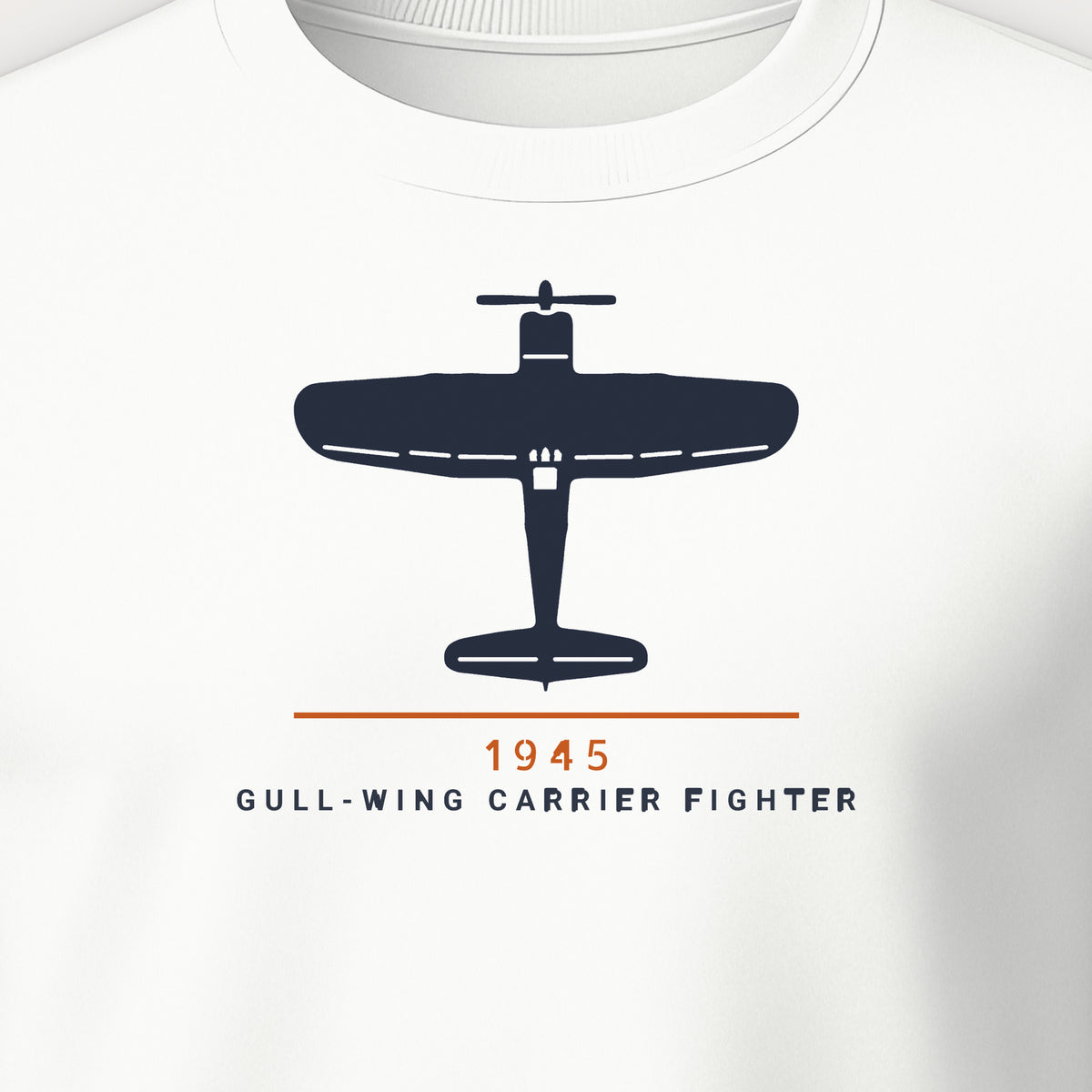 Gull-Wing Fighter 1945 Crewneck Sweatshirt, front print detail: our top-view drawing of an F4U-1D, no markings