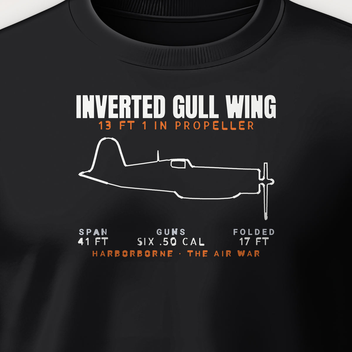 Inverted Gull-Wing Fighter Blueprint Crewneck Sweatshirt, front print detail: our side-view outline of an F4U-1D, no markings