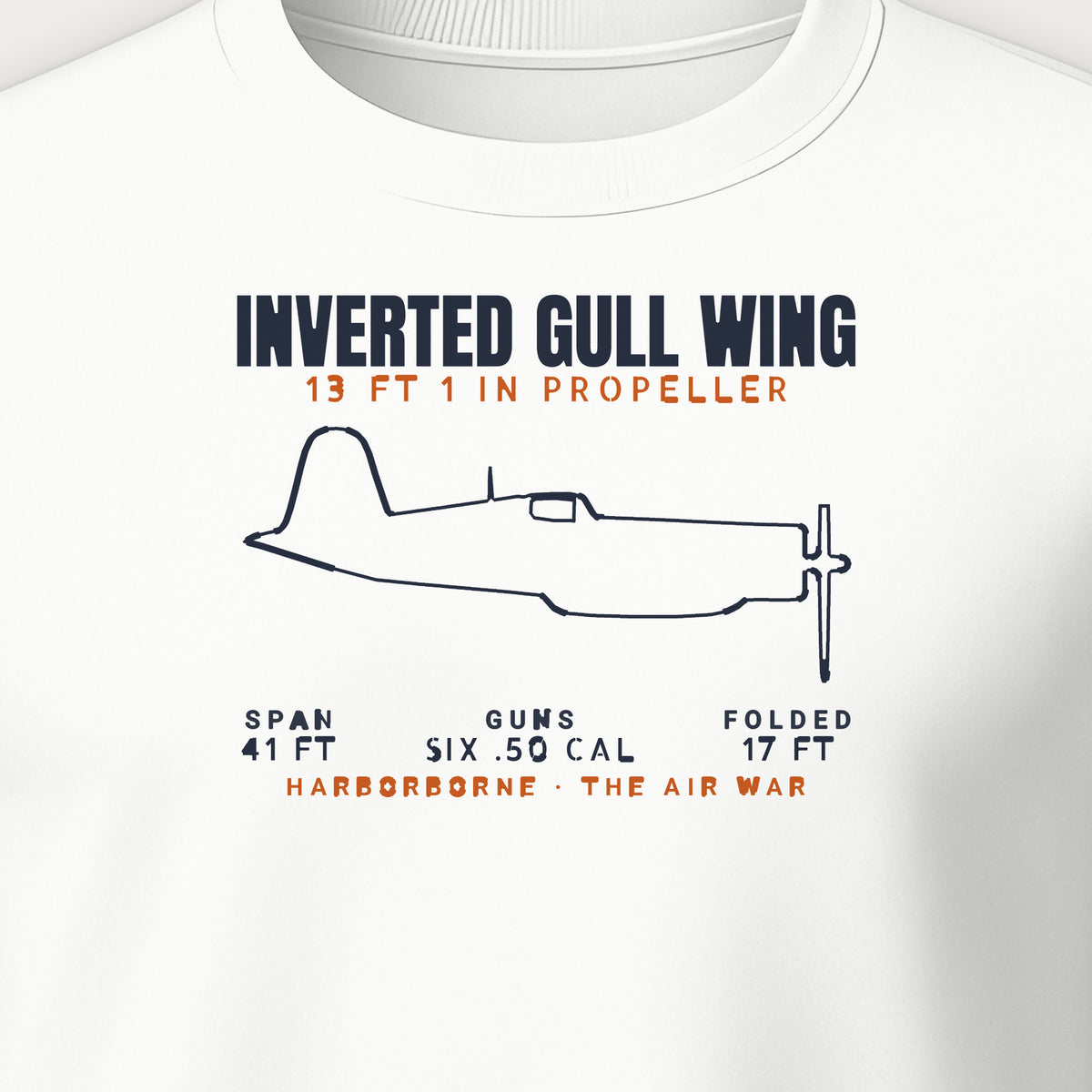 Inverted Gull-Wing Fighter Blueprint Crewneck Sweatshirt, front print detail: our side-view outline of an F4U-1D, no markings