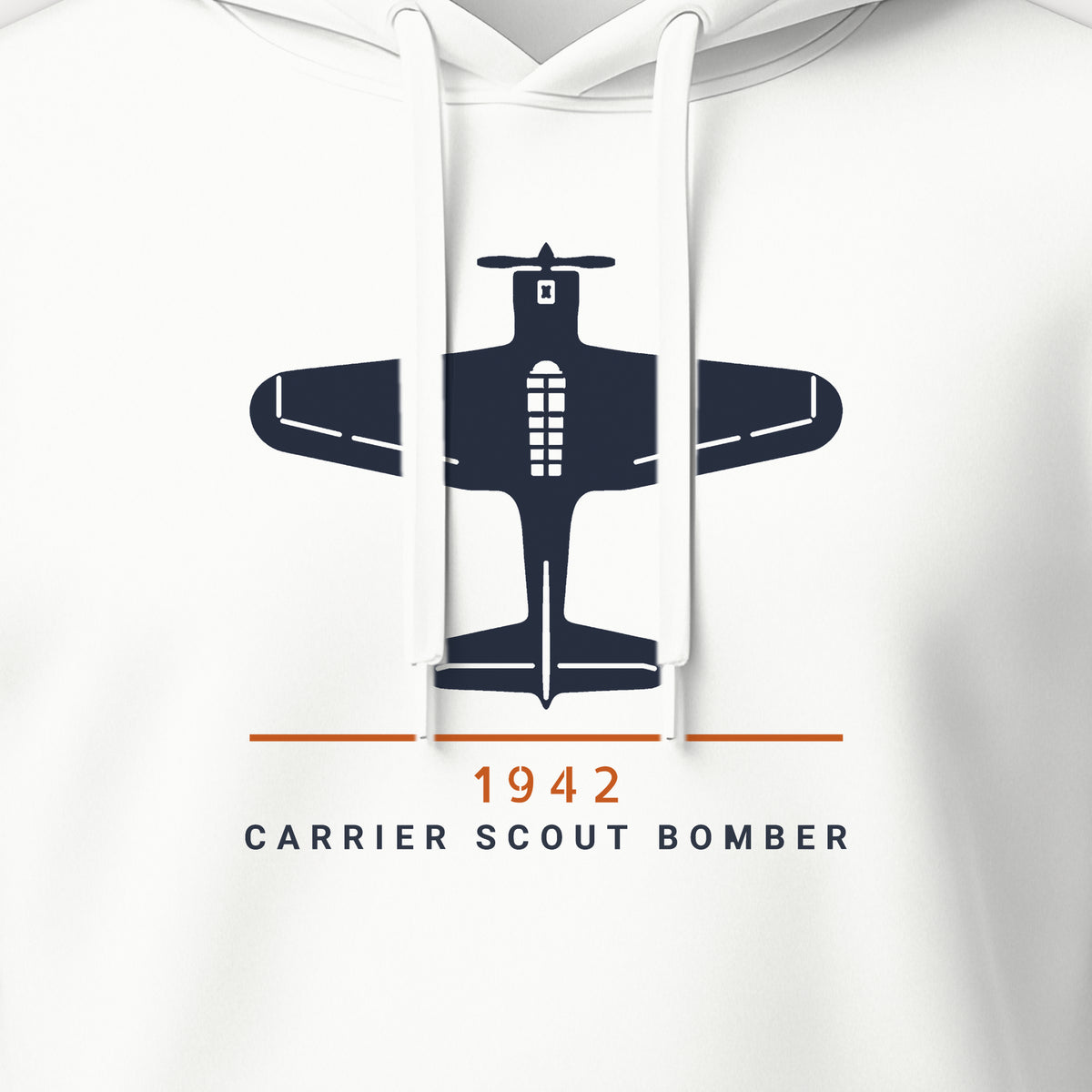 Scout Bomber 1942 Top-View Hoodie, front print detail: our top-view drawing of an SBD-3, no markings