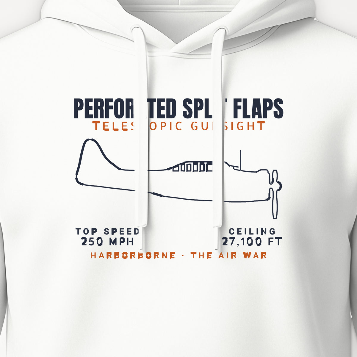 Split-Flap Scout Bomber Blueprint Hoodie, front print detail: our side-view outline of an SBD-3, no markings