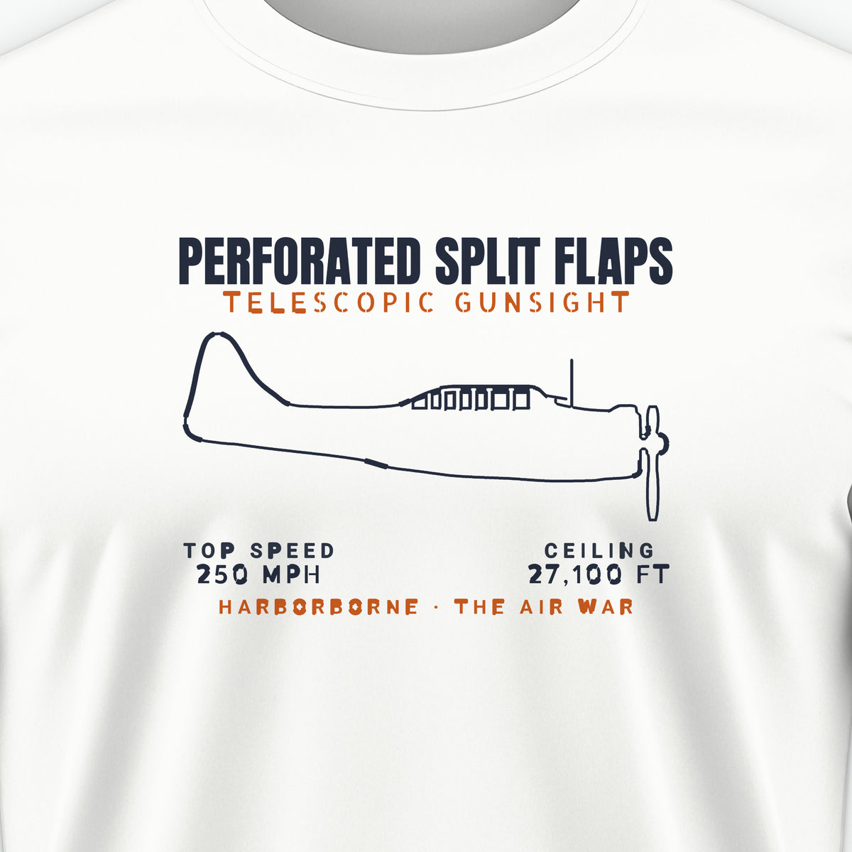 Split-Flap Scout Bomber Blueprint Tee, front print detail: our side-view outline of an SBD-3, no markings