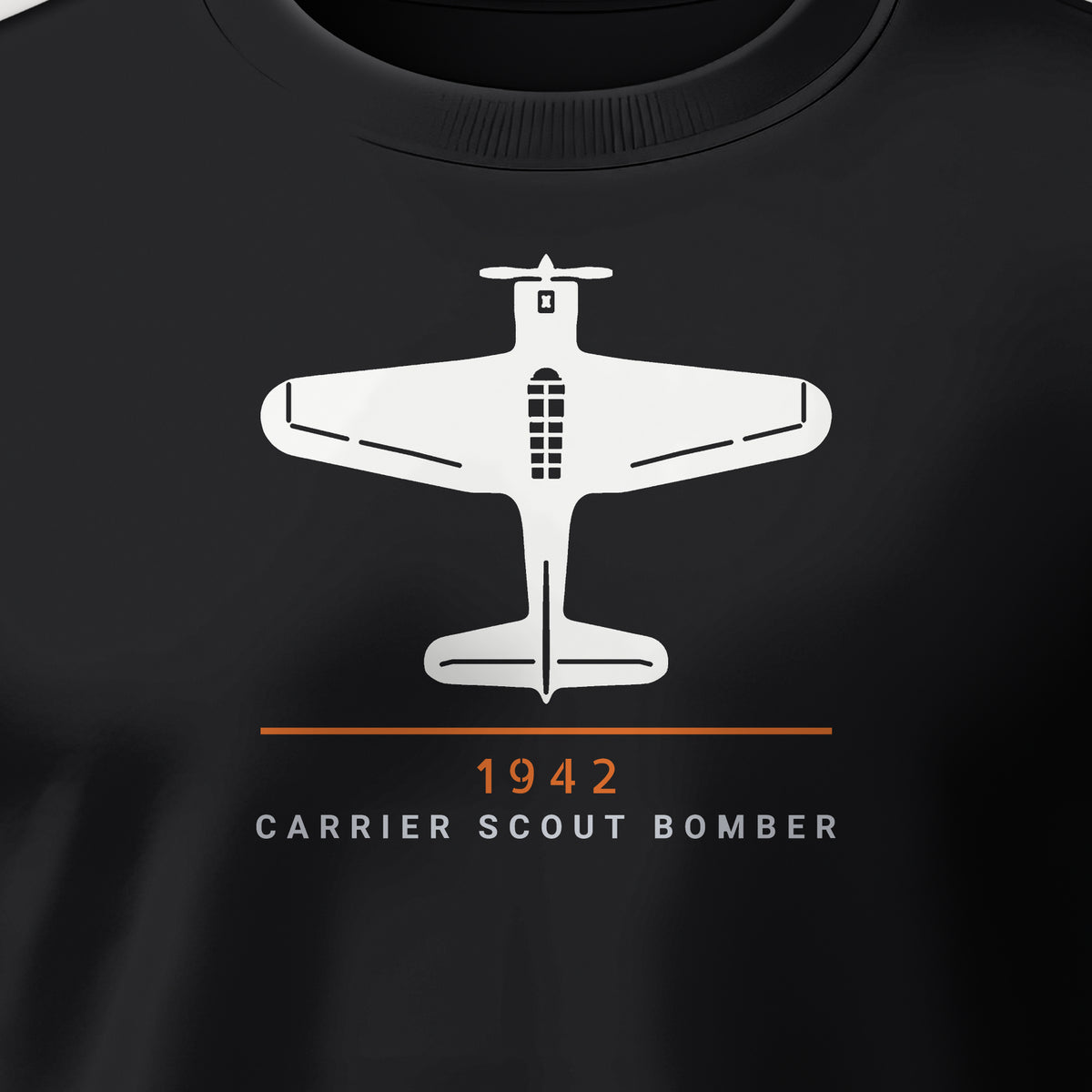 Scout Bomber 1942 Top-View Crewneck Sweatshirt, front print detail: our top-view drawing of an SBD-3, no markings