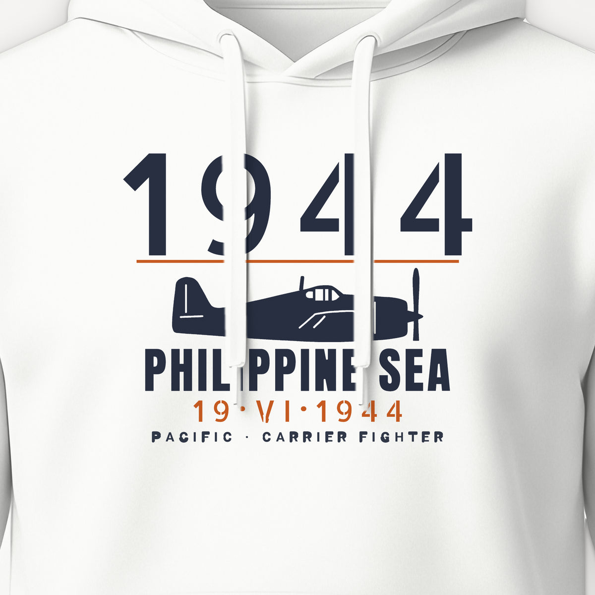 Philippine Sea 1944 Carrier Fighter Hoodie, front print detail: our side-view drawing of an F6F-3, no markings