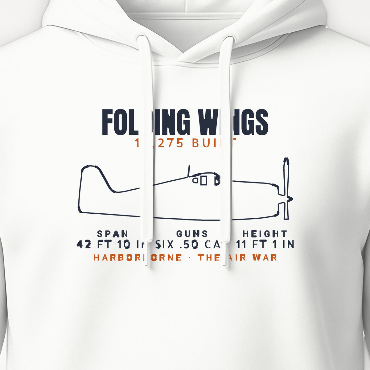 Folding-Wing Fighter Blueprint Hoodie, front print detail: our side-view outline of an F6F-3, no markings