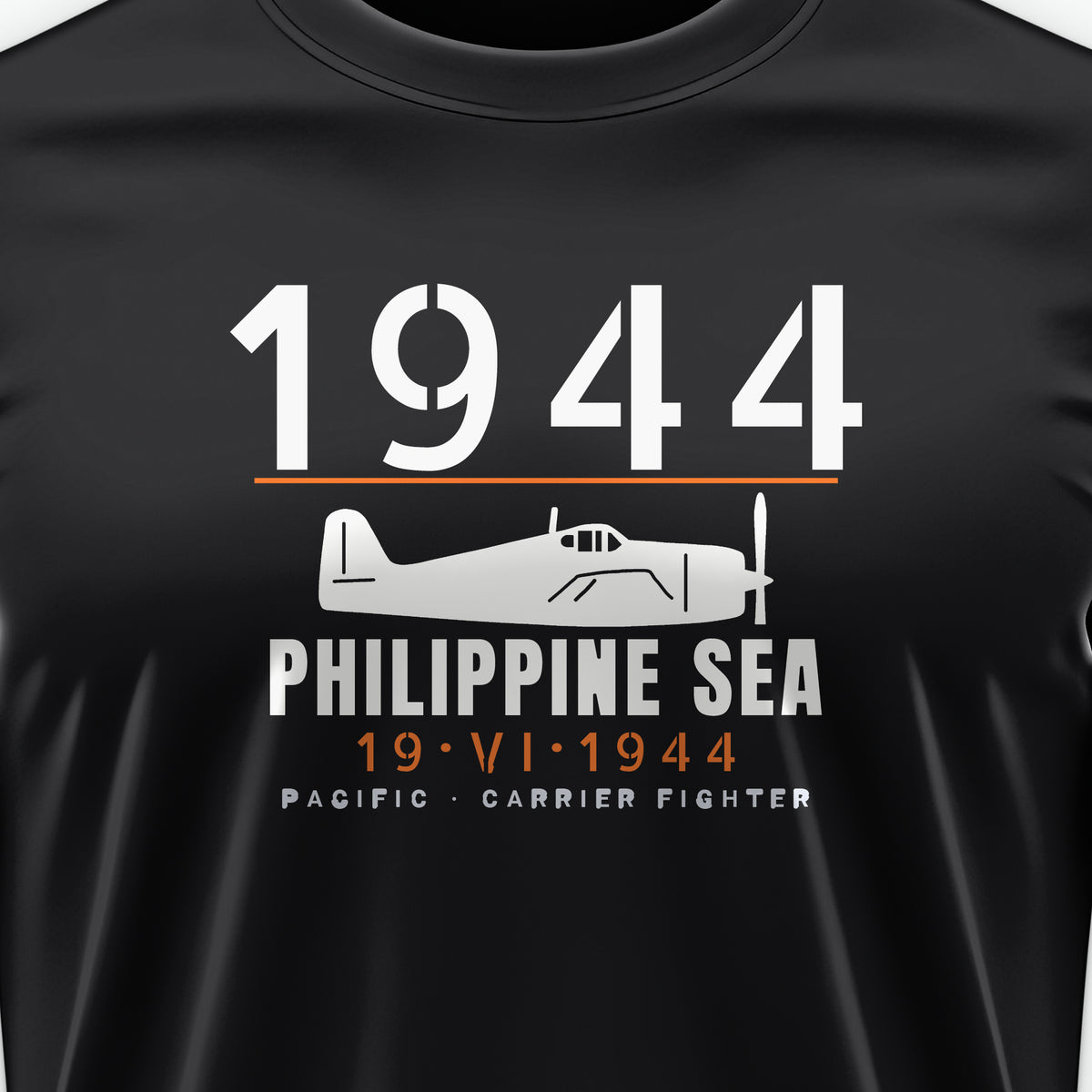 Philippine Sea 1944 Carrier Fighter Tee, front print detail: our side-view drawing of an F6F-3, no markings