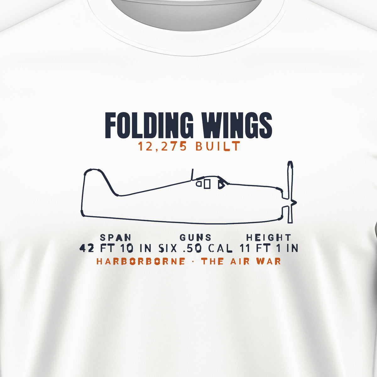 Folding-Wing Fighter Blueprint Tee, front print detail: our side-view outline of an F6F-3, no markings