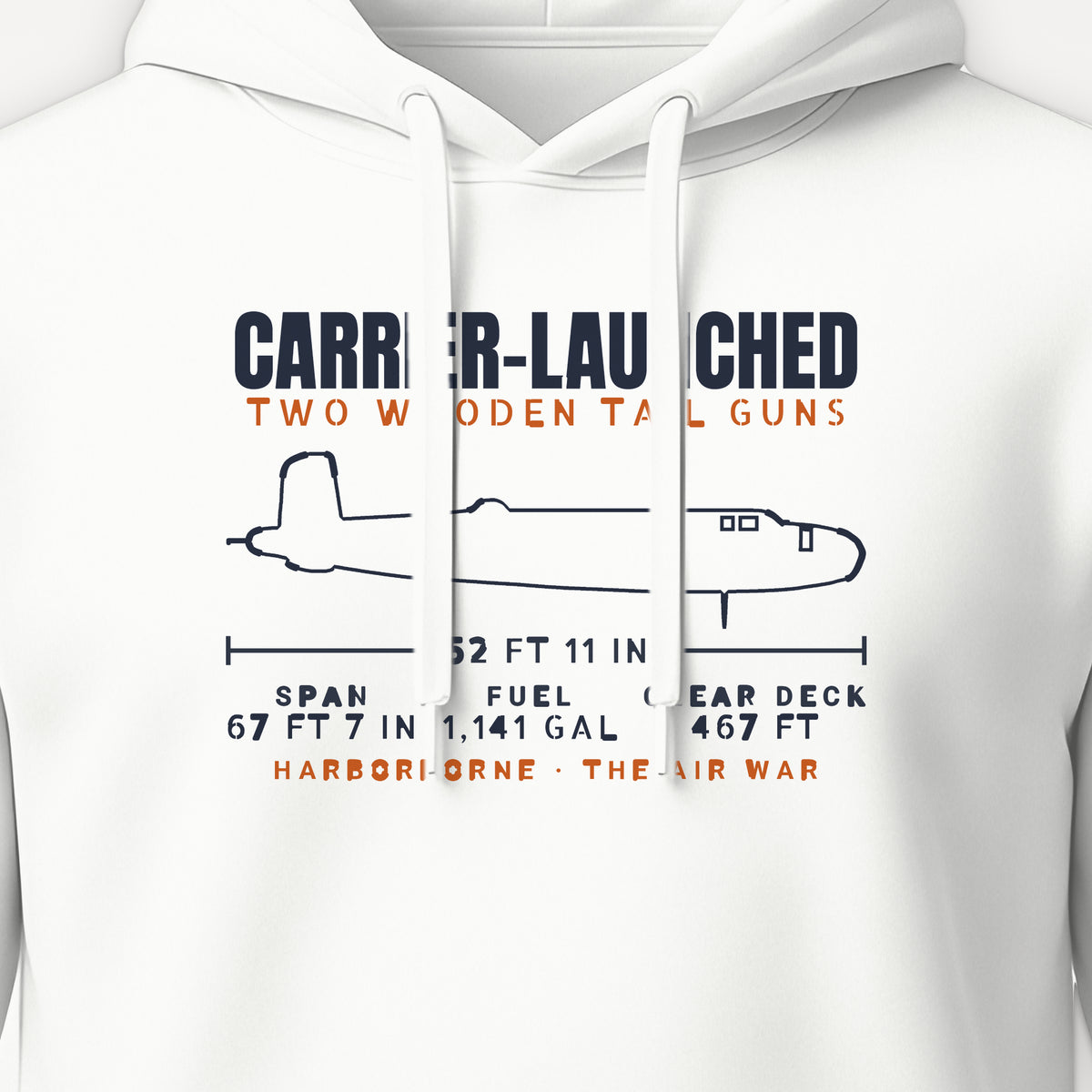 Carrier-Launched Bomber Blueprint Hoodie, front print detail: our side-view outline of a B-25B, no markings