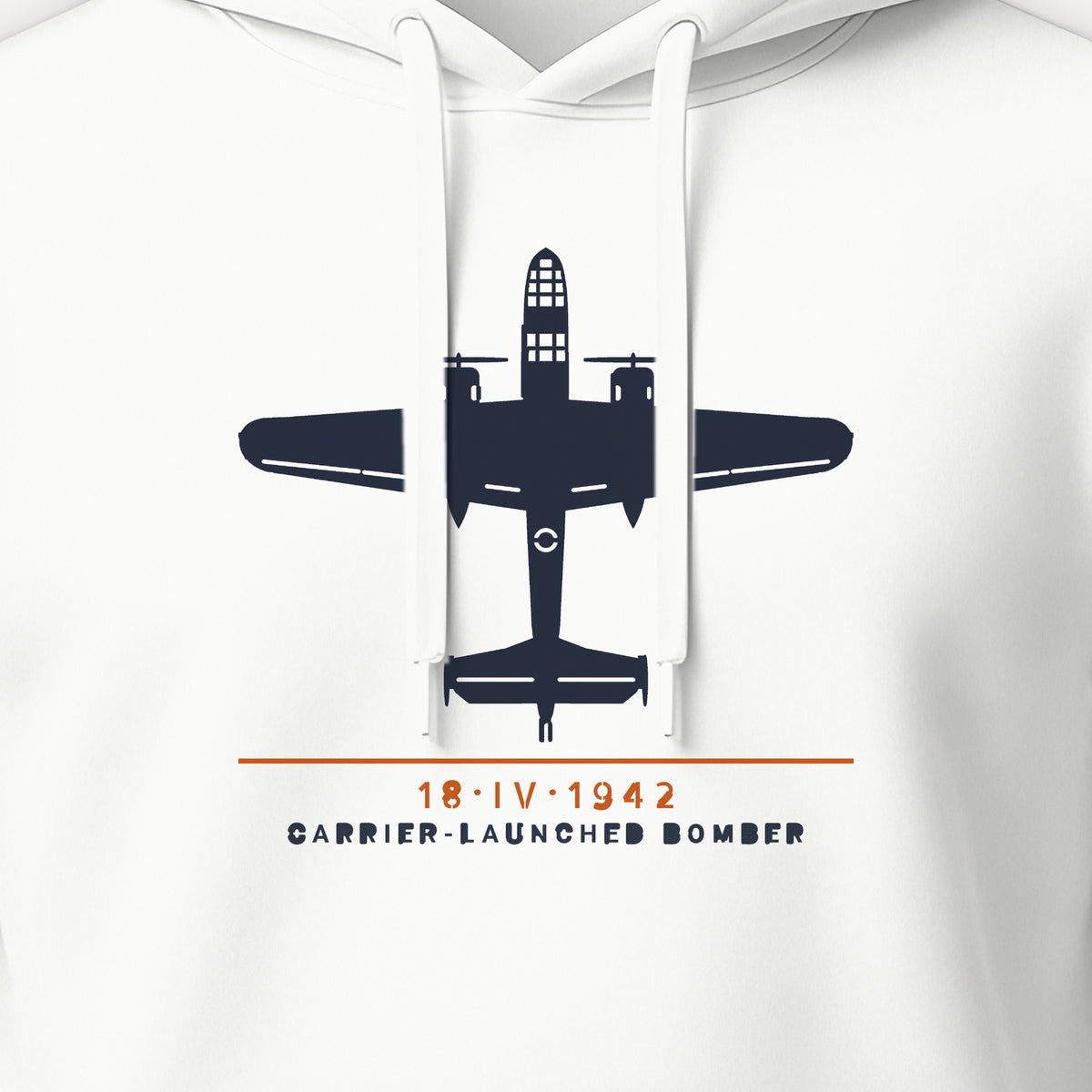 Carrier-Launched Bomber 1942 Hoodie, front print detail: our top-view drawing of a B-25B, no markings