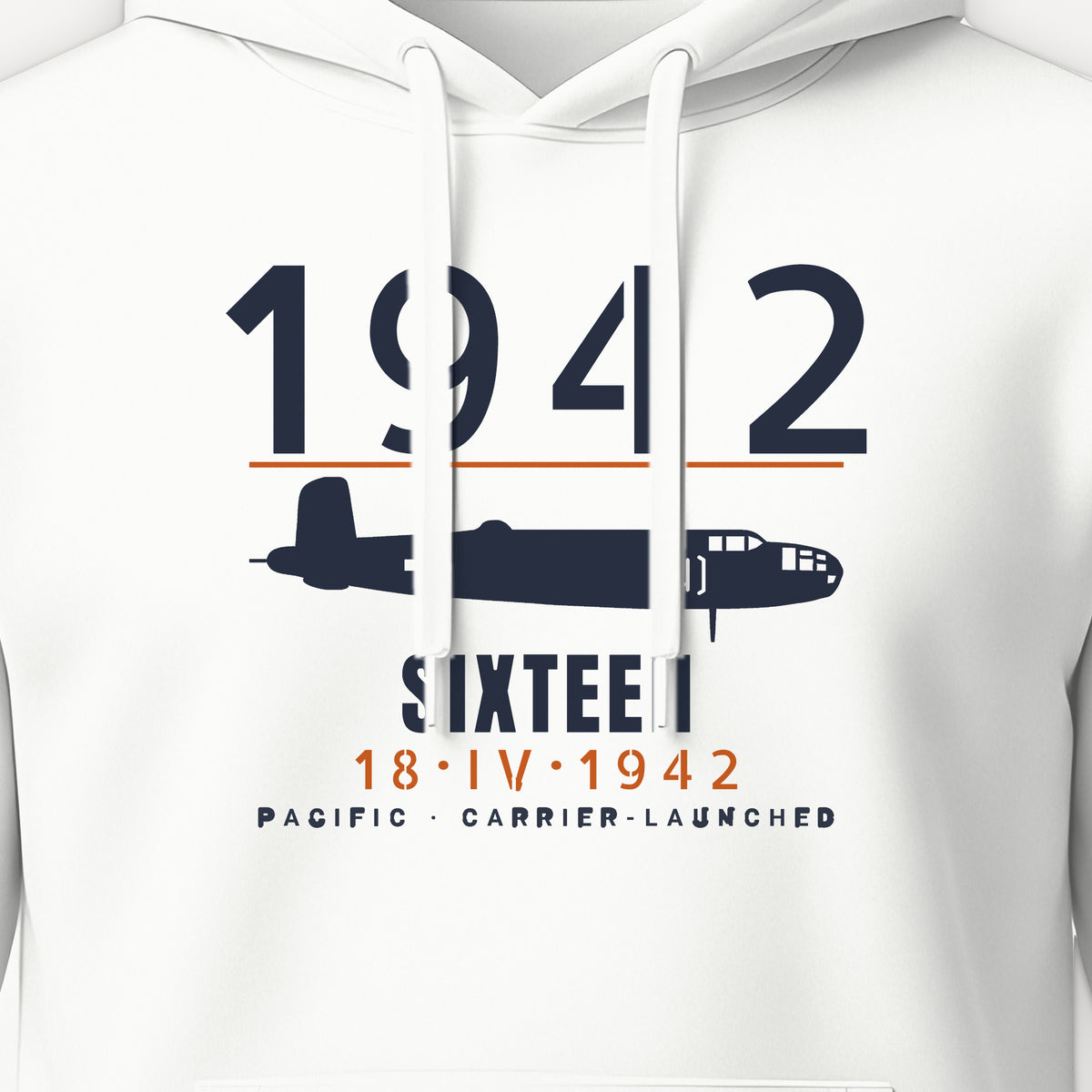 Sixteen Carrier-Launched Bombers 1942 Hoodie, front print detail: our side-view drawing of a B-25B, no markings