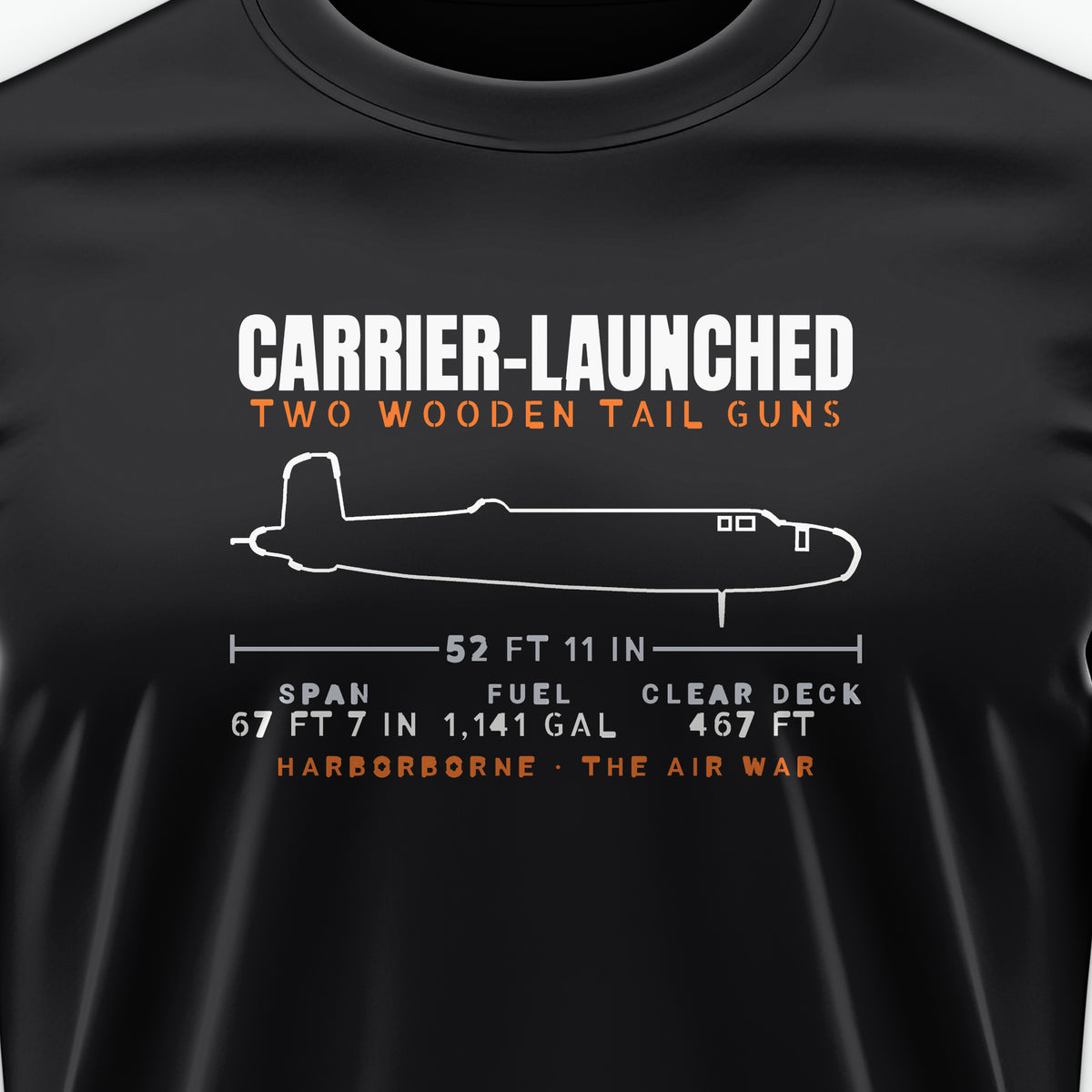 Carrier-Launched Bomber Blueprint Tee, front print detail: our side-view outline of a B-25B, no markings