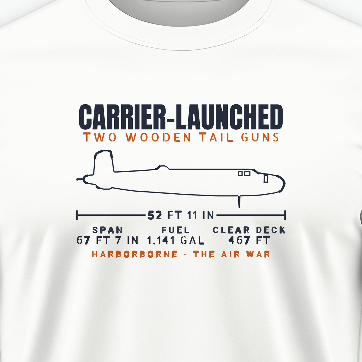 Carrier-Launched Bomber Blueprint Tee, front print detail: our side-view outline of a B-25B, no markings