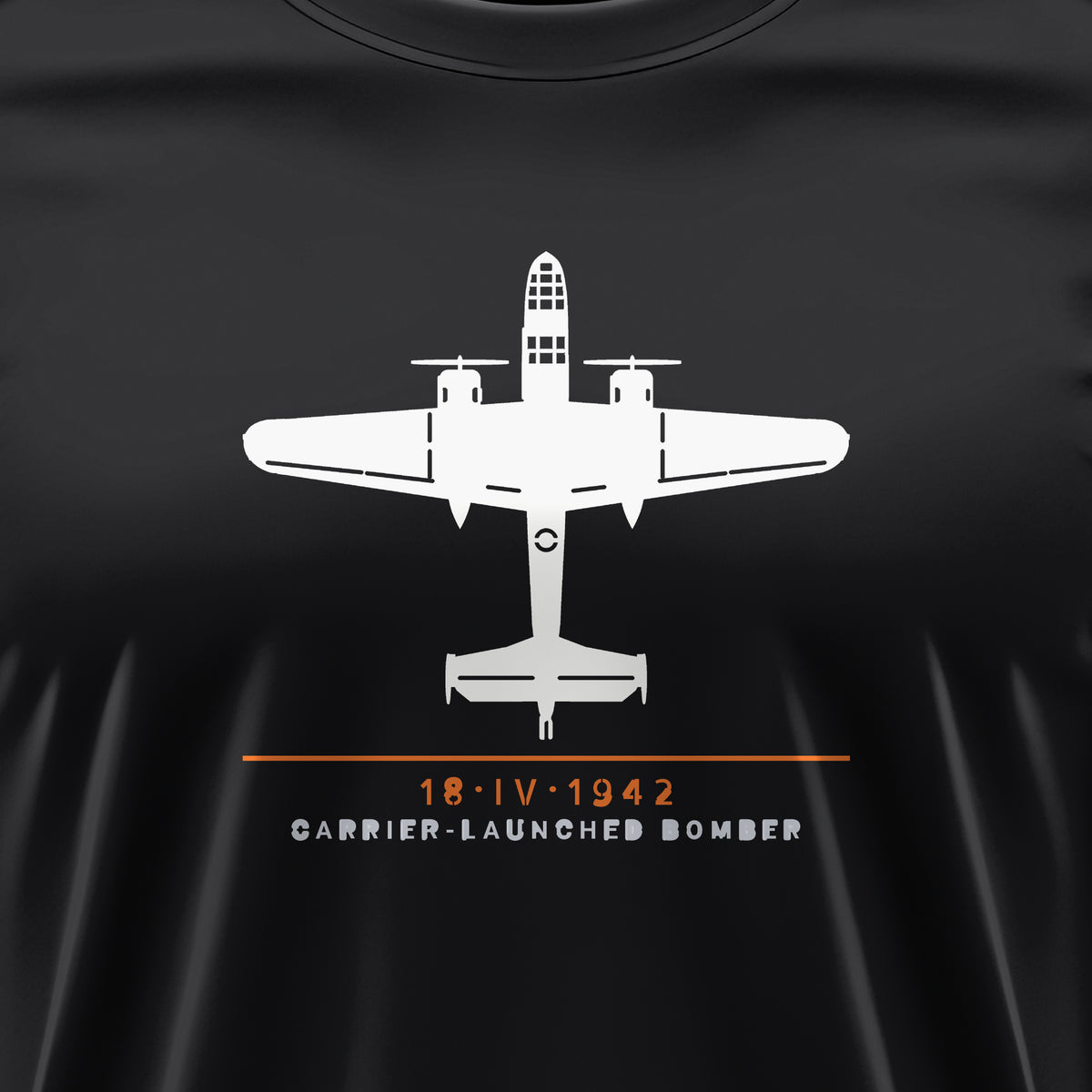 Carrier-Launched Bomber 1942 Tee, front print detail: our top-view drawing of a B-25B, no markings