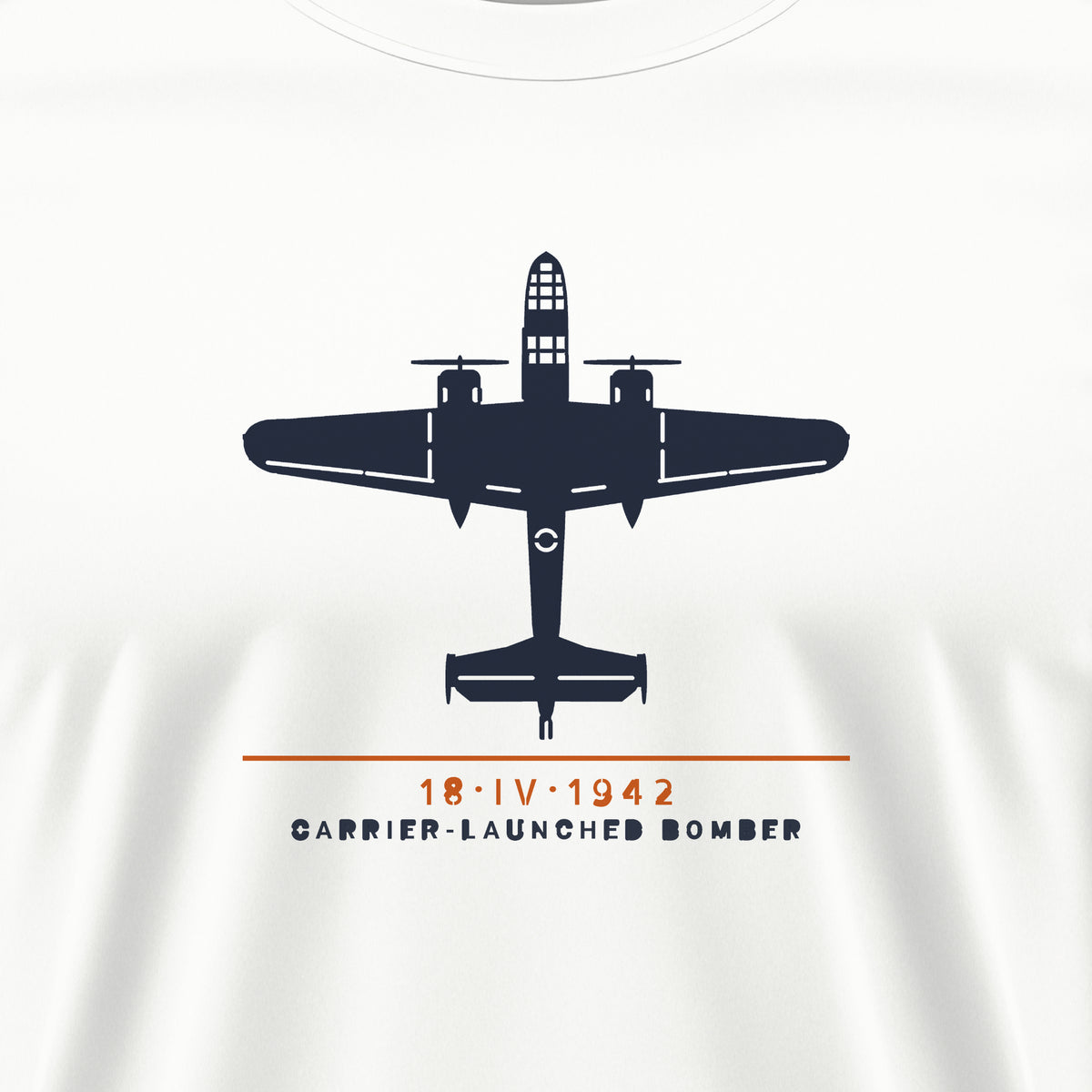Carrier-Launched Bomber 1942 Tee, front print detail: our top-view drawing of a B-25B, no markings