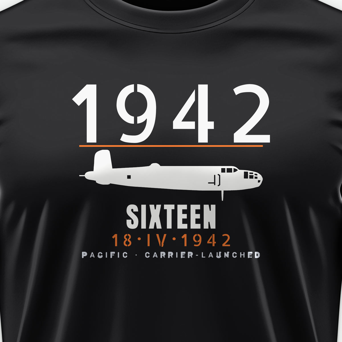 Sixteen Carrier-Launched Bombers 1942 Tee, front print detail: our side-view drawing of a B-25B, no markings