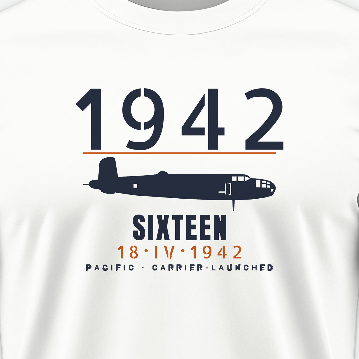 Sixteen Carrier-Launched Bombers 1942 Tee, front print detail: our side-view drawing of a B-25B, no markings