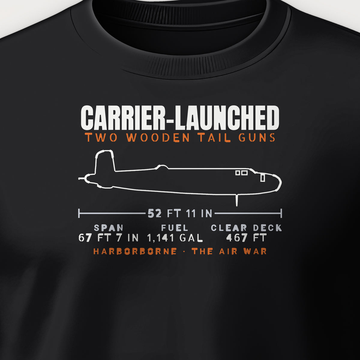 Carrier-Launched Bomber Blueprint Crewneck Sweatshirt, front print detail: our side-view outline of a B-25B, no markings