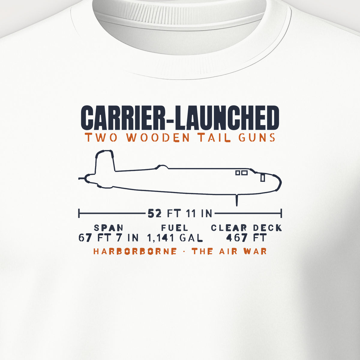 Carrier-Launched Bomber Blueprint Crewneck Sweatshirt, front print detail: our side-view outline of a B-25B, no markings