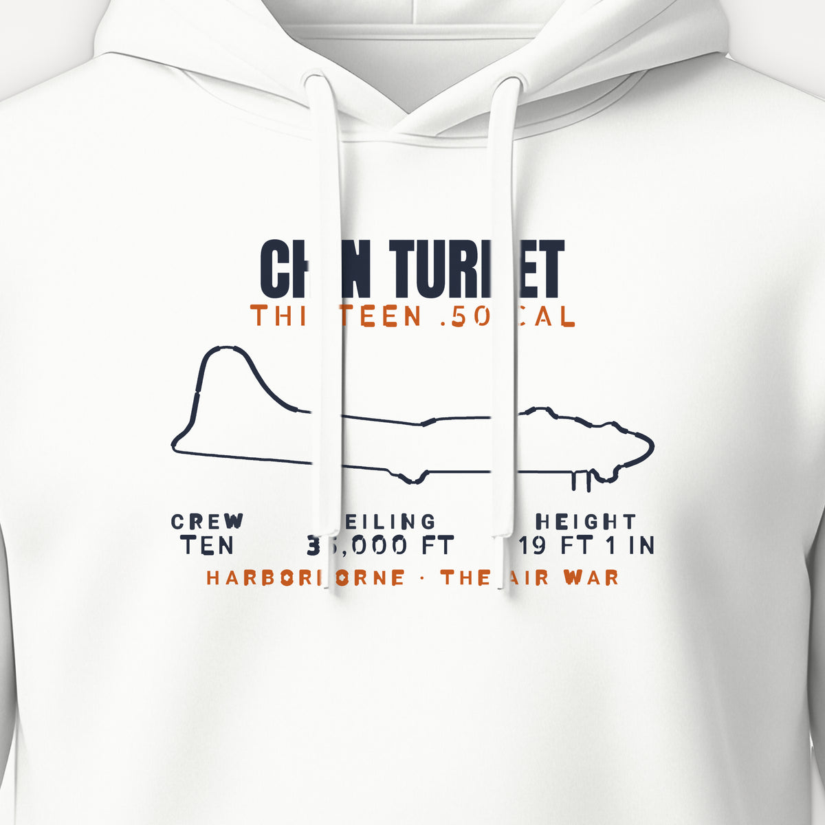 Chin-Turret Heavy Bomber Blueprint Hoodie, front print detail: our side-view outline of a B-17G, no markings