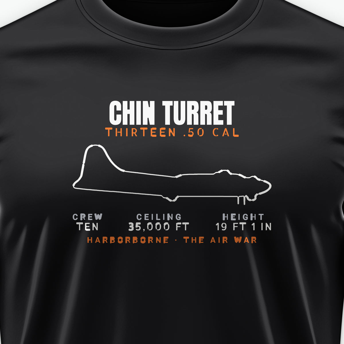 Chin-Turret Heavy Bomber Blueprint Tee, front print detail: our side-view outline of a B-17G, no markings