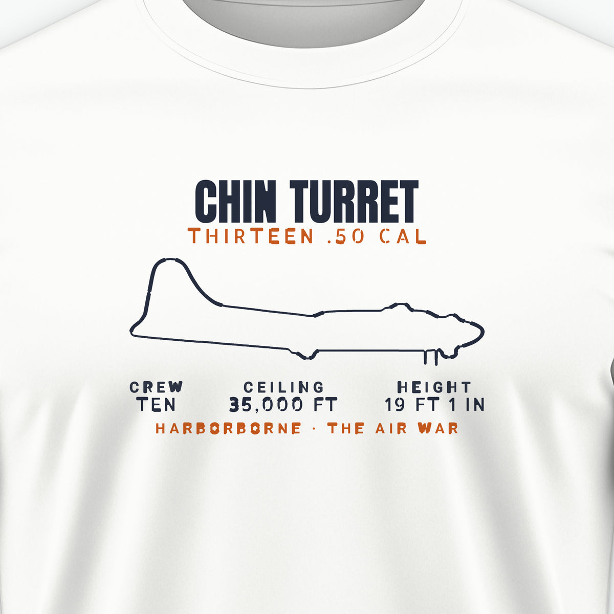 Chin-Turret Heavy Bomber Blueprint Tee, front print detail: our side-view outline of a B-17G, no markings