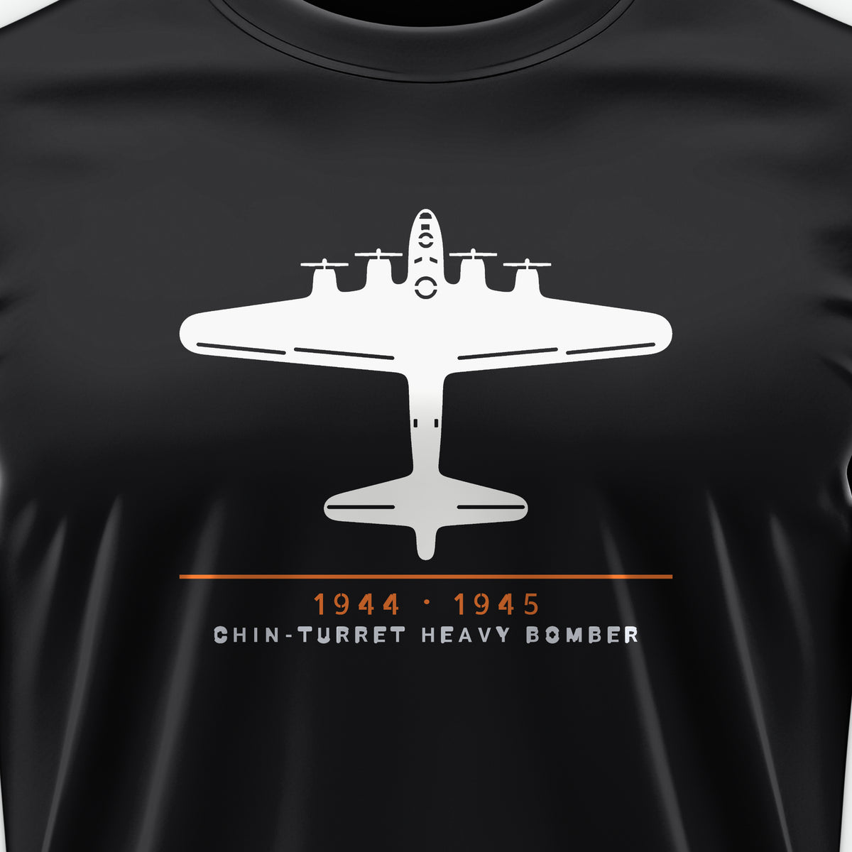 Chin-Turret Heavy Bomber 1944–45 Tee, front print detail: our top-view drawing of a B-17G, no markings