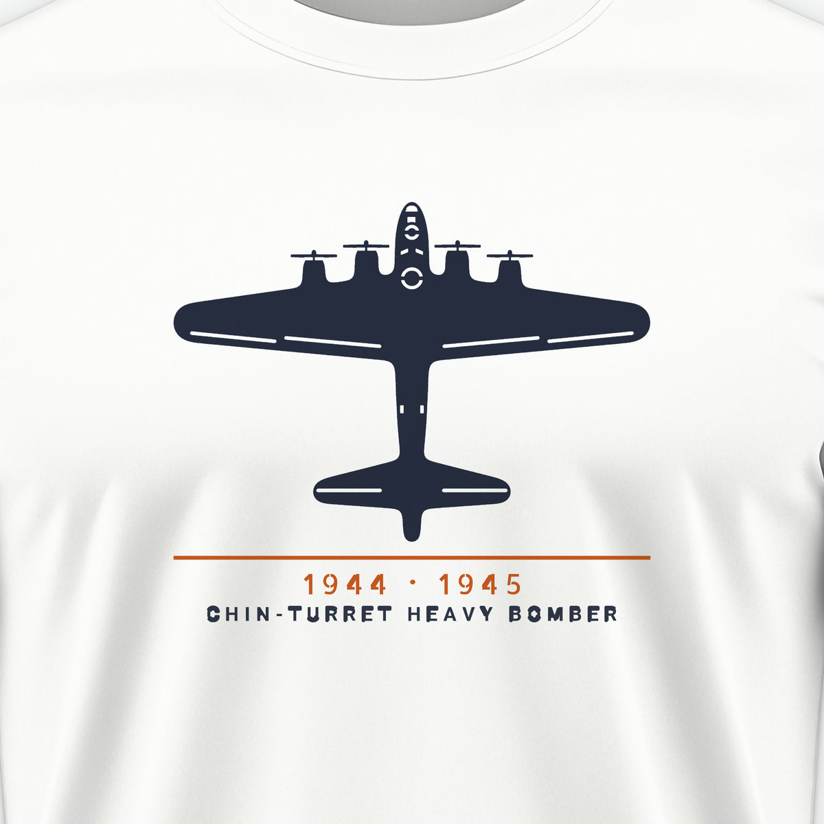 Chin-Turret Heavy Bomber 1944–45 Tee, front print detail: our top-view drawing of a B-17G, no markings