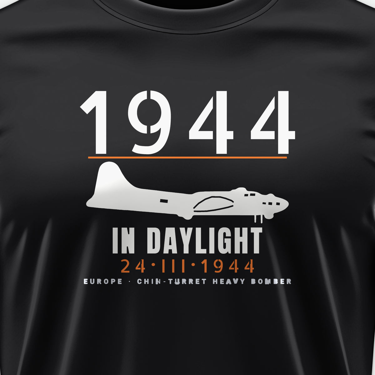 Chin-Turret Bomber in Daylight 1944 Tee, front print detail: our side-view drawing of a B-17G, no markings
