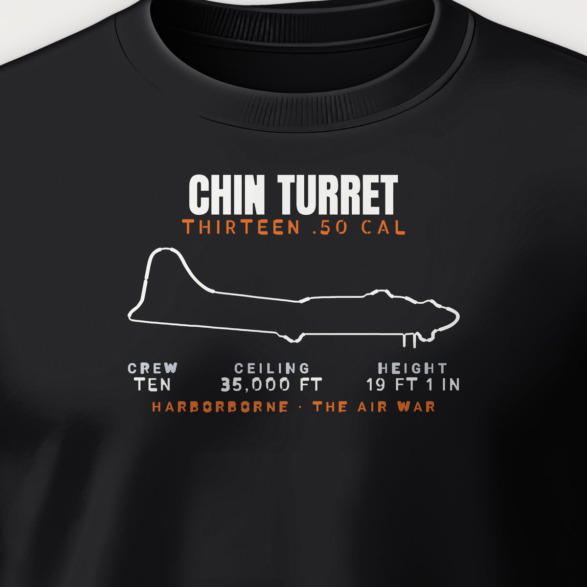Chin-Turret Heavy Bomber Blueprint Crewneck Sweatshirt, front print detail: our side-view outline of a B-17G, no markings
