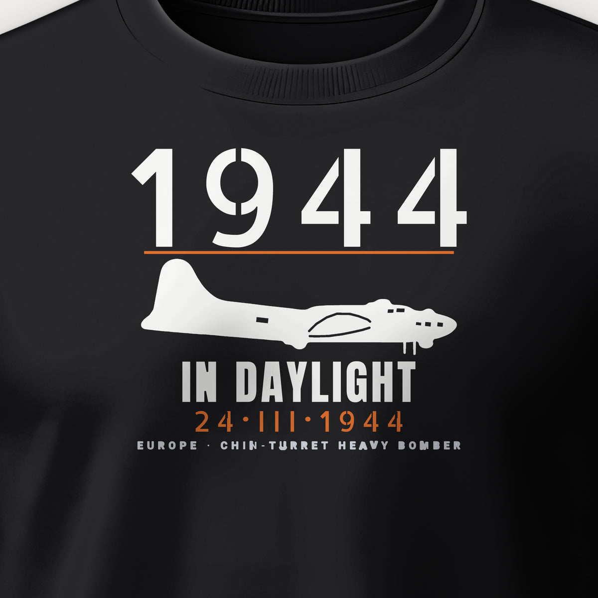 Chin-Turret Bomber in Daylight 1944 Crewneck Sweatshirt, front print detail: our side-view drawing of a B-17G, no markings