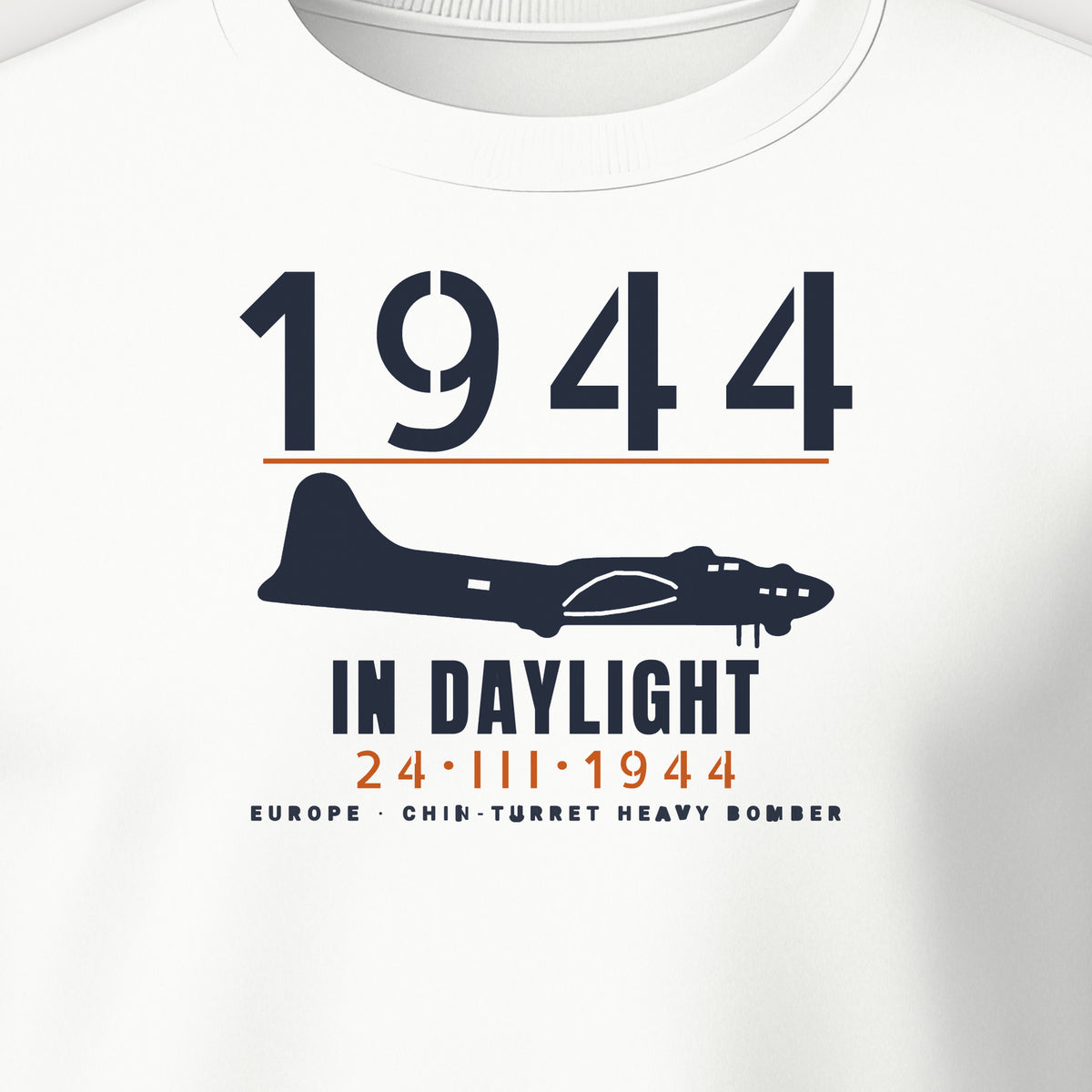 Chin-Turret Bomber in Daylight 1944 Crewneck Sweatshirt, front print detail: our side-view drawing of a B-17G, no markings