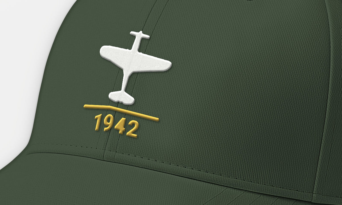 Early-War Fighter 1942 Embroidered Cap, embroidery detail: our top-view silhouette of a P-40K, no markings