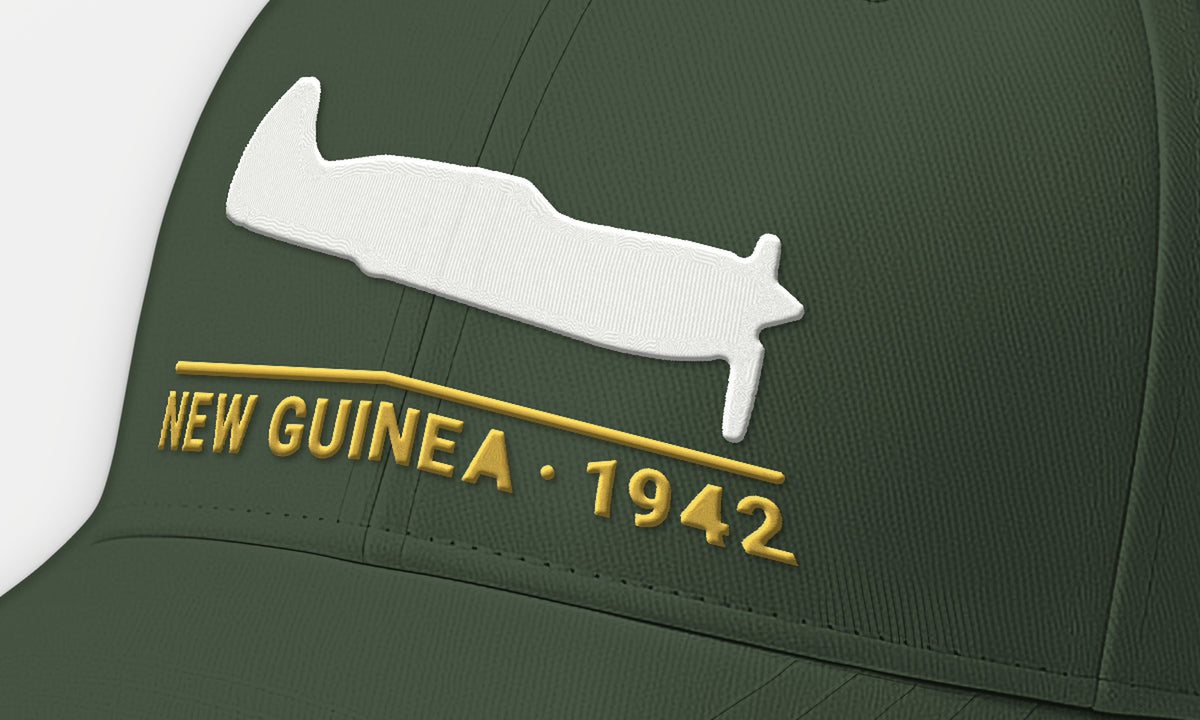 New Guinea 1942 Chin-Scoop Fighter Embroidered Cap, embroidery detail: our side-view silhouette of a P-40K, no markings