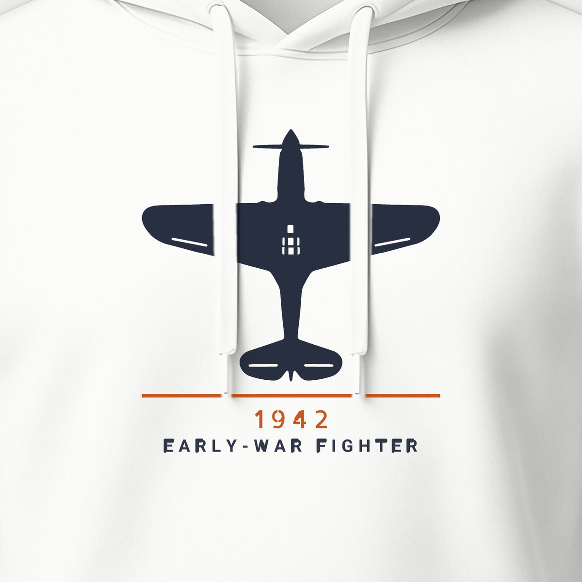 Early-War Fighter 1942 Hoodie, front print detail: our top-view drawing of a P-40K, no markings