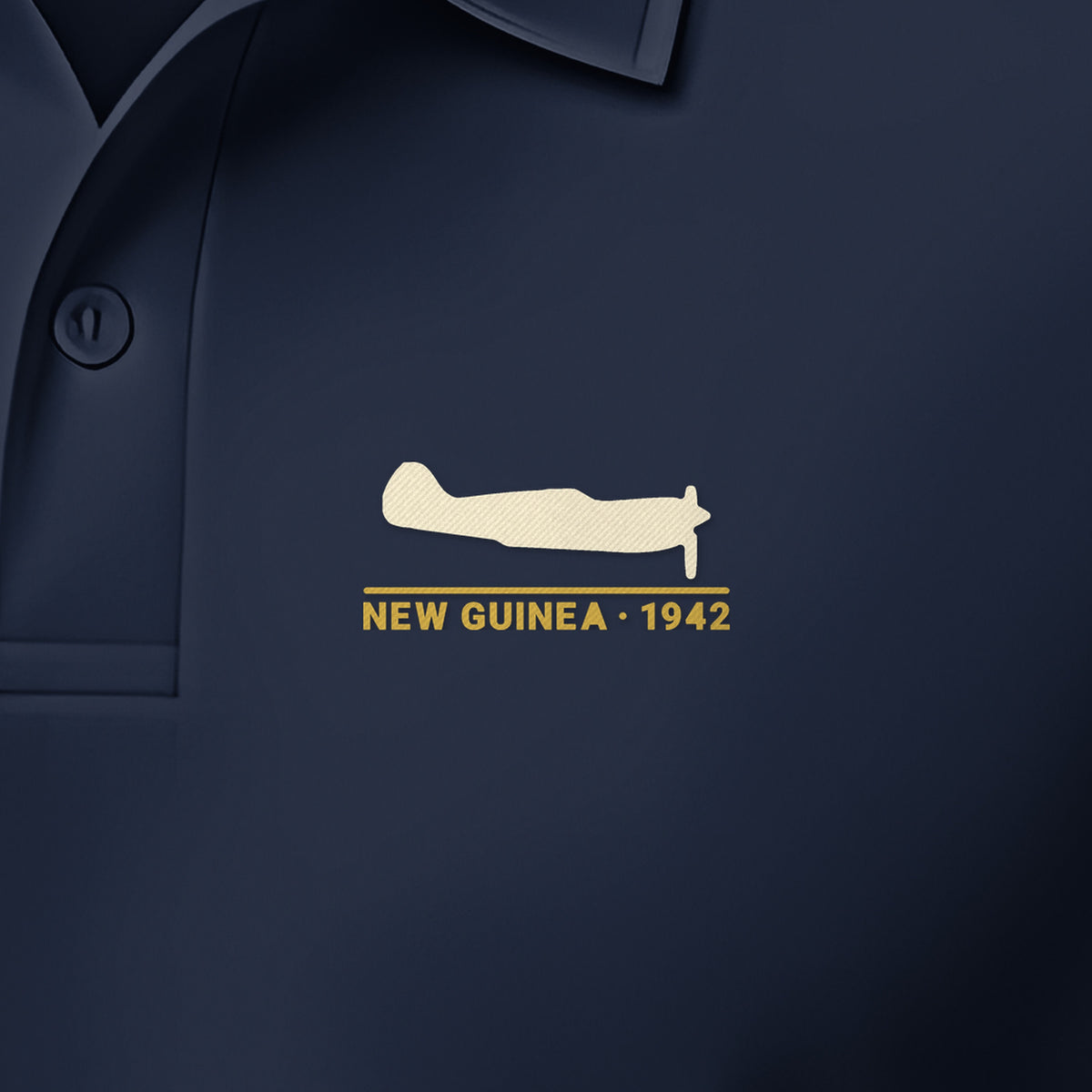 New Guinea 1942 Chin-Scoop Fighter Polo, embroidery detail: our side-view silhouette of a P-40K, no markings