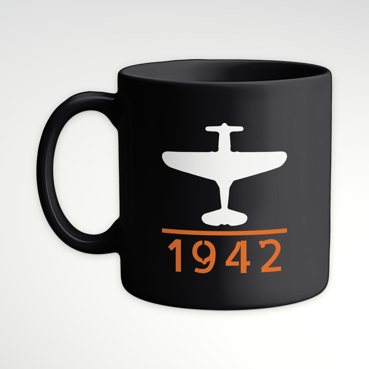 Early-War Fighter 1942 Mug, black mug, handle left
