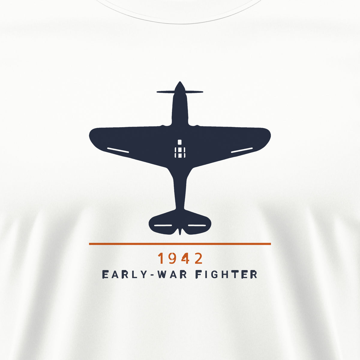 Early-War Fighter 1942 Tee, front print detail: our top-view drawing of a P-40K, no markings