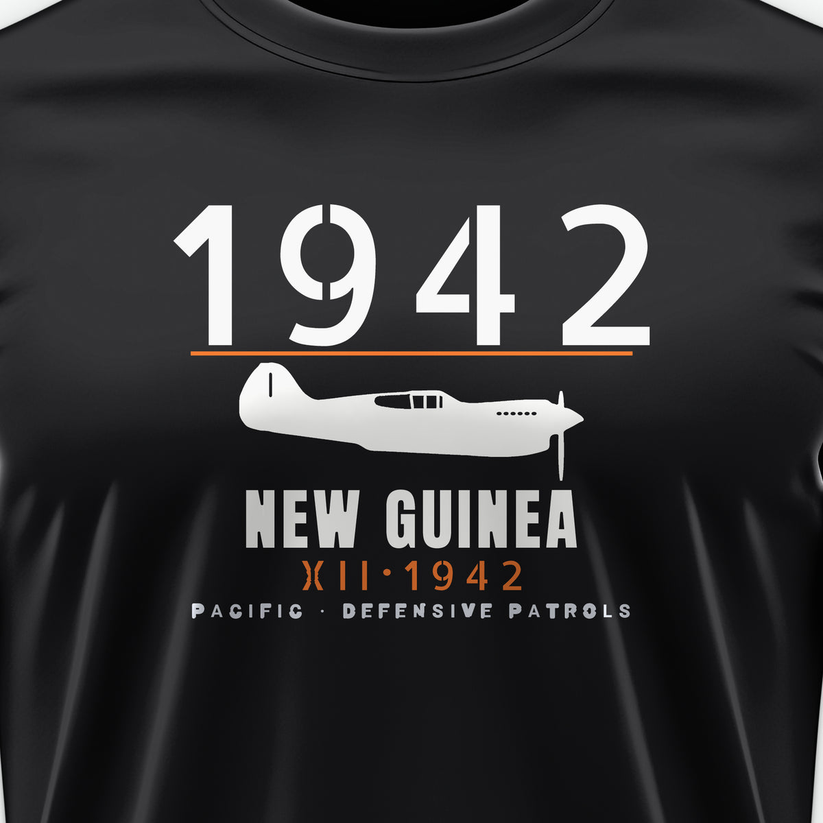 New Guinea 1942 Chin-Scoop Fighter Tee, front print detail: our side-view drawing of a P-40K, no markings
