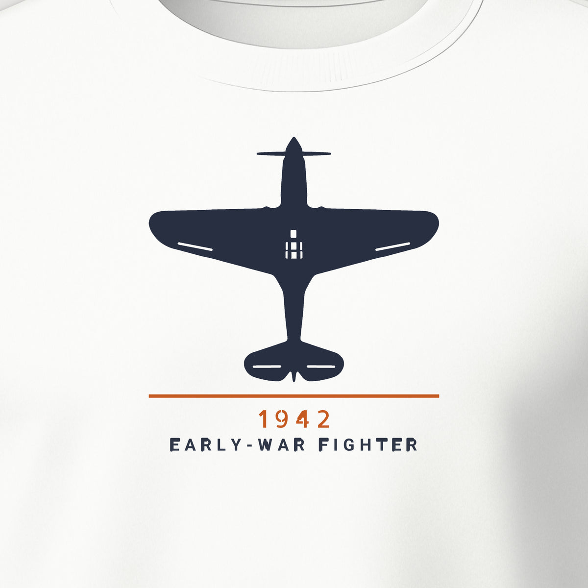 Early-War Fighter 1942 Crewneck Sweatshirt, front print detail: our top-view drawing of a P-40K, no markings