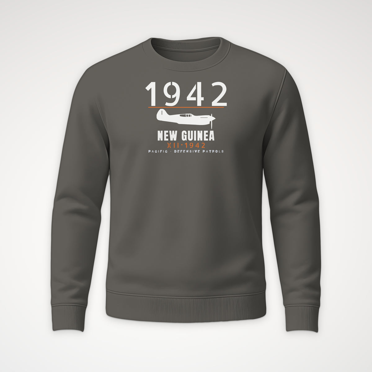 New Guinea 1942 Chin-Scoop Fighter Crewneck Sweatshirt in Charcoal