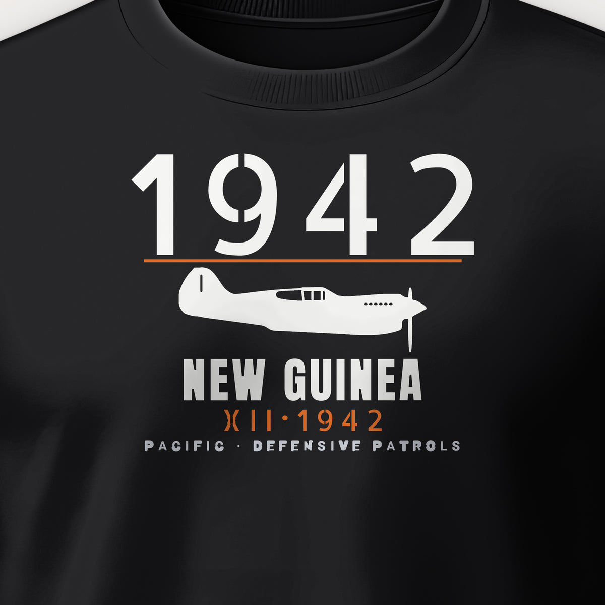 New Guinea 1942 Chin-Scoop Fighter Crewneck Sweatshirt, front print detail: our side-view drawing of a P-40K, no markings