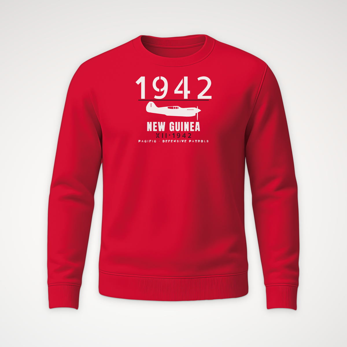 New Guinea 1942 Chin-Scoop Fighter Crewneck Sweatshirt in Red